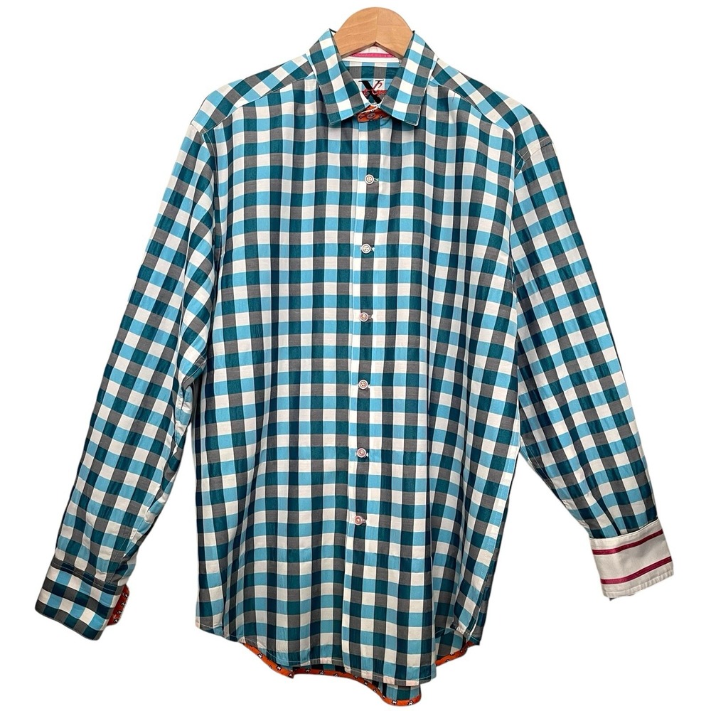 Robert Graham Gingham Plaid Flip Cuff Button Up Shirt‎ Mens Size L Preppy Formal